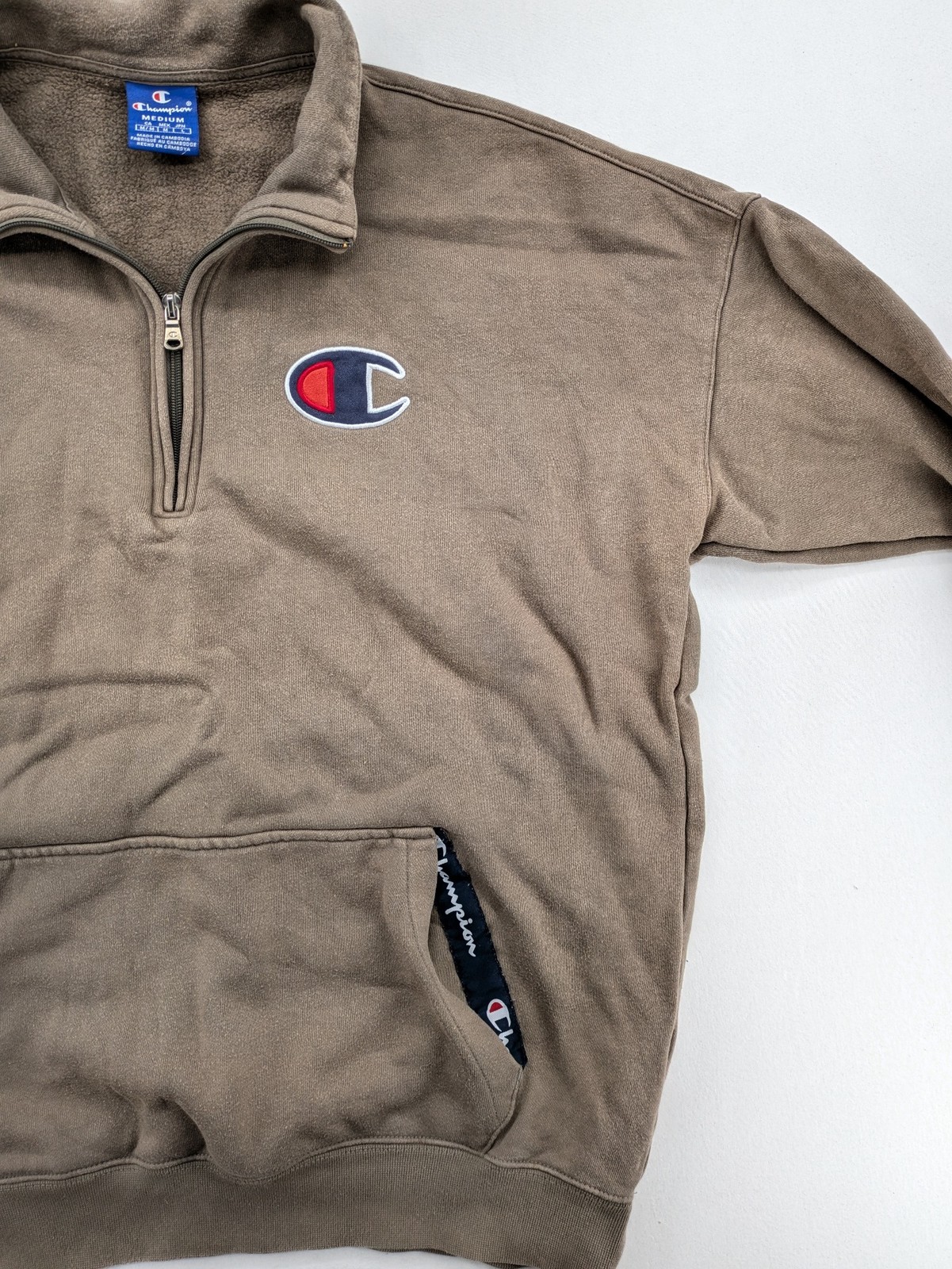 Champion Herren Quarter Zip Pullover Sweatshirt Gr. M Braun Big Logo image 5