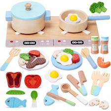 Wooden Play Kitchen Set for Kids with Stove Cookware Pots Pans Utensils