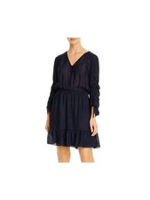 PARKER Womens Fit + Flare Short Dress Navy Ruffled V Neck Wear To Work Sleeve S