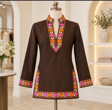 TORY BURCH Brown Cotton Tunic Long Sleeve Embroidered Shirt Size S