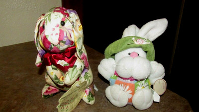 Lot 2 Vintage Colorful Easter Bunny Rabbit Stuffed Animals with Tags CUTE!