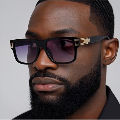 Mens Black Square Sunglasses Hip Hop Black Gradient Lens Rectangular Shade UV400