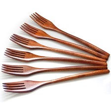 AOOSY 6x Japanese Natural Wood Forks Set - Reusable, Eco-Friendly, Salad, Dinner