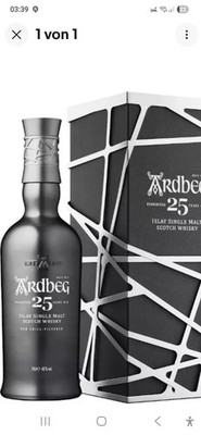 (1743,66 /l) Ardbeg 25 Jahre Single Malt Scotch Whisky 46% 0,7l Flasche in OVP