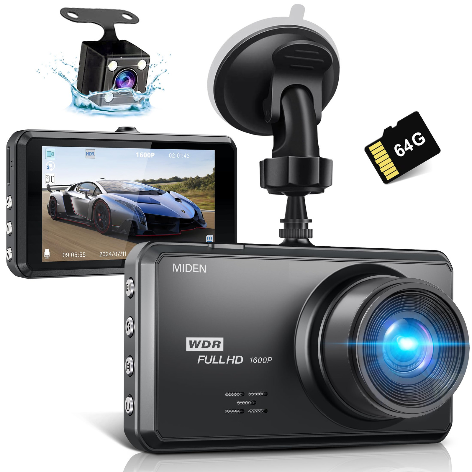 S7 2.5K Dual Dash Cam with 64GB SD Card 1600P Front 1080P Rear FHD Camera