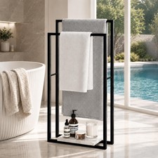 Standing Towel Rack, Heavy Marble Base, 2-Tier Floor Stand, Matte Black