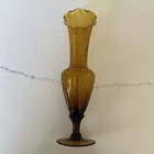 Vintage Amber glass pedestal bud vase swirl scalloped top Hand Blown 8" — photo 7