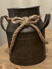Rustic Tin Metal Milk Jug Churn Vase Cottagecore Country Twine Handle 