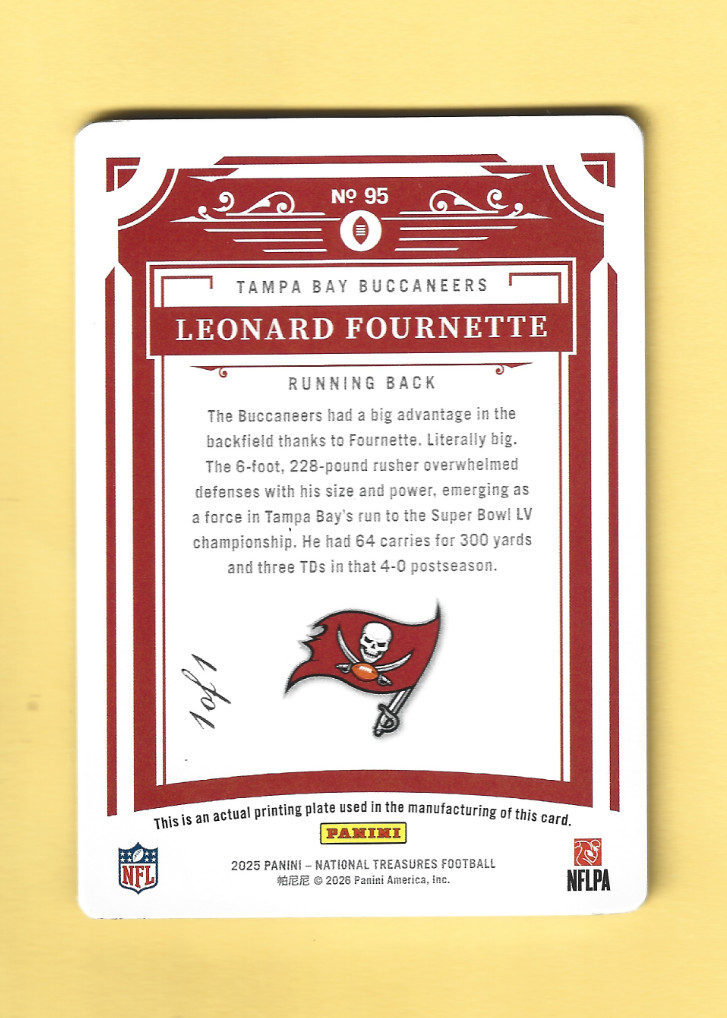 2025 Panini National Treasures Leonard Fournette #95 Printing Plate #1/1 view 2