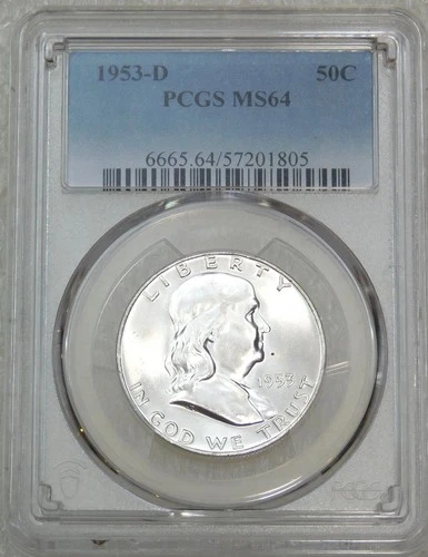 1953 D Franklin Half Dollar PCGS MS64 99% FBL Frosty Luster New Holder #V177S