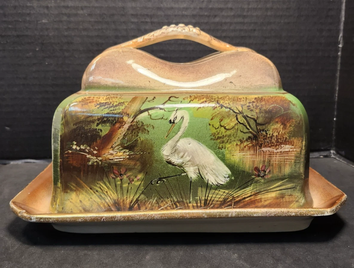 Royal Hirasa Ware Butter Cheese Dish Hand Painted Egret Heron Japan Antique