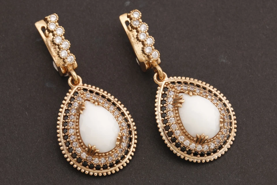 Turkish Jewelry Drop Shape White Black Onyx Topaz 925 Sterling Silver Earrings - Image 2 of 4