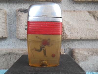 VINTAGE SCRIPTO VU CIGARETTE LIGHTER RED BAND WITH FLOATING BOWLING MAN. WORKS!