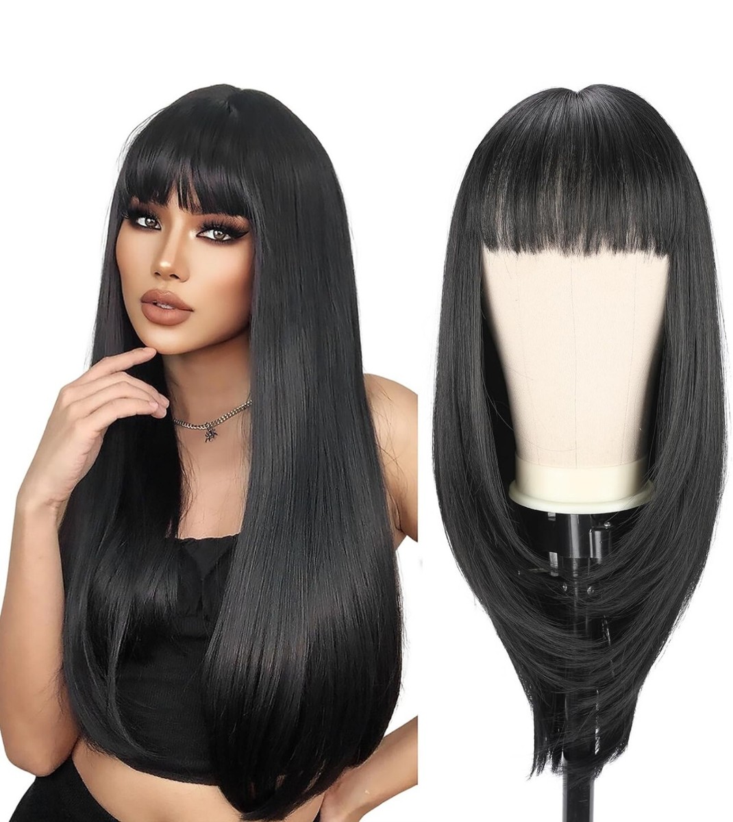 24 Inch Straight Long Black Wig with Bangs, Synthetic Hair  display picture 3