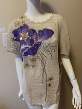 Lim's Hand Crocheted Cap sleeves Cotton Top with Purple Flowers Size S NWT