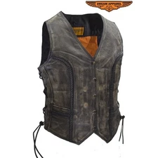 Women's Longer Cut Brown Leather Motorcycle Vest with Concealed Carry Pockets