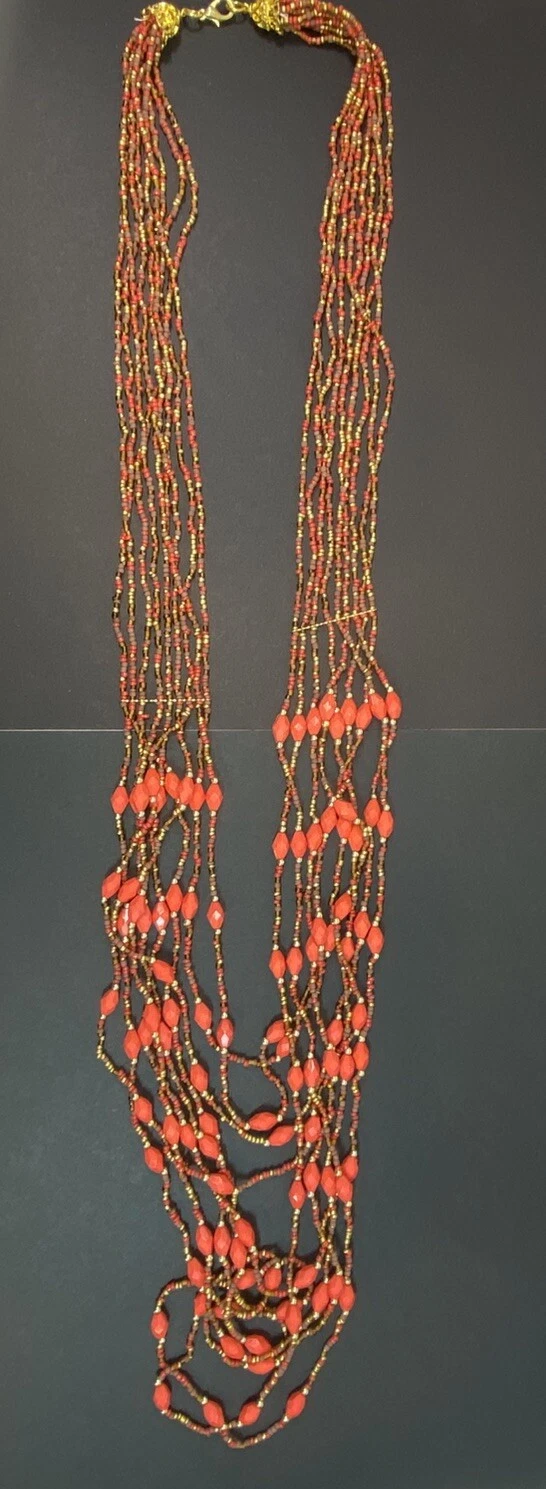 VETEMENTS Collana Donna Cascata Statement Multi Perline Lunga 28" Arancio Marrone Oro Rosso