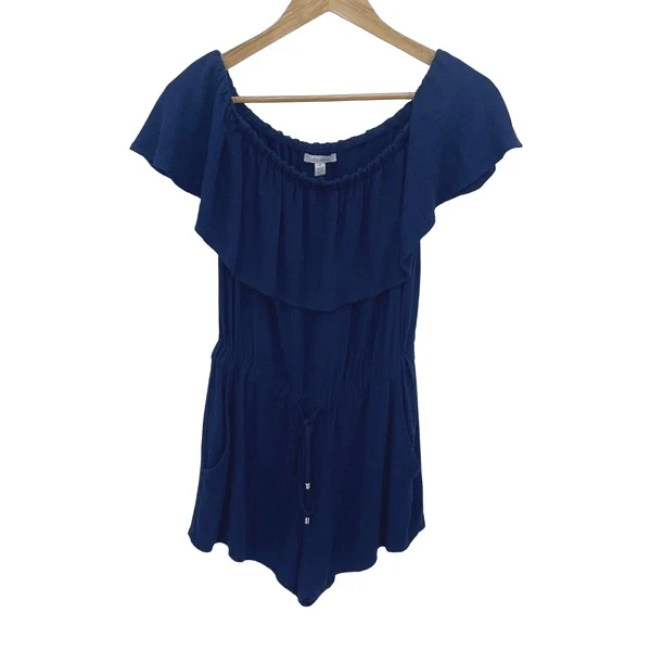 Mameluco Ella Moss para mujer fuera del hombro suave con volantes de rayón azul marino XS Foto 2 de 4