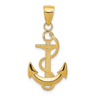 14k Yellow Gold Polished Anchor with Textured Rope Pendant for Women