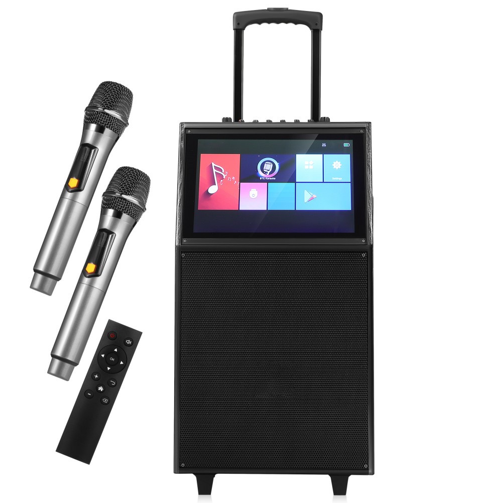 Professional Lyrics Display Screen Karaoke Machine BT Speaker w/ 2 Wireless Mic