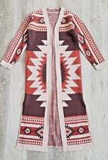 Boho Tribal Western Aztec Knit Long Maxi Cardigan Sweater Duster Coat M