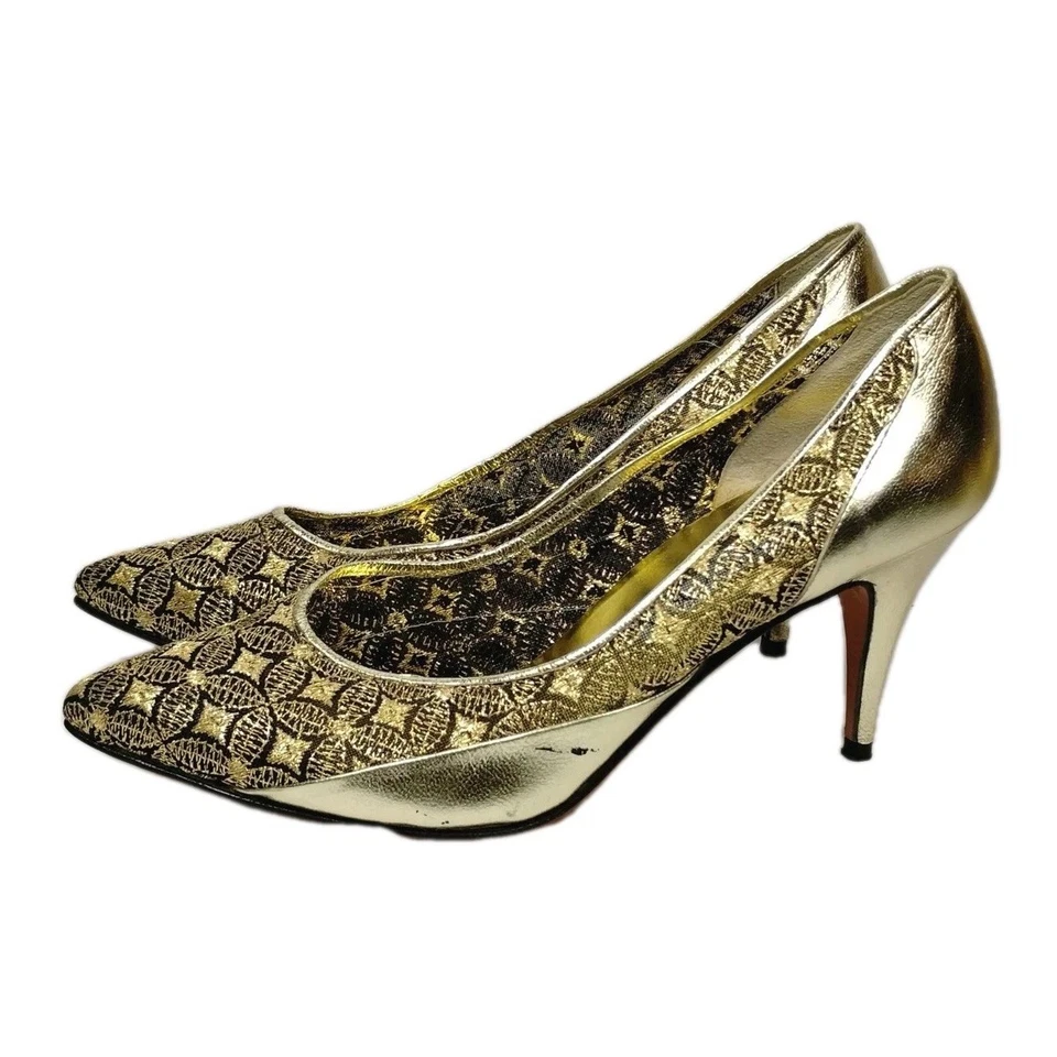 Sapato Feminino Vintage Versani Dourado Preto Couro Metálico Sola Salto Alto Tamanho 7.5 - Imagem 2 de 4