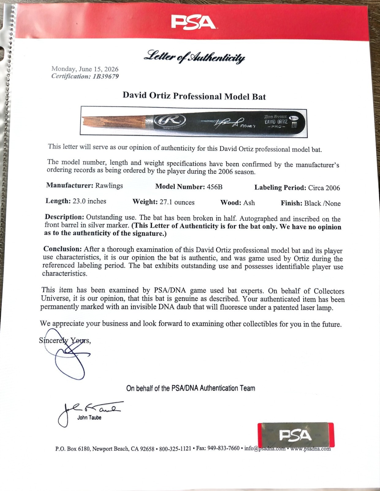 2006 David Ortiz Big Papi Signed Auto Game Used GU Rawlings Bat PSA LOA 500 HR view 7