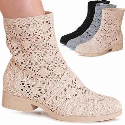Damen Cut Out Stiefeletten Ankle Boots Booties Boho Häkel Look
