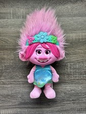 Trolls Poppy Plush Stuffed Doll Pink Hair Blue Dress Animation Toy
