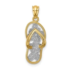 14k Yellow Gold w/Rhodium Polished Floral Flip Flop Pendant