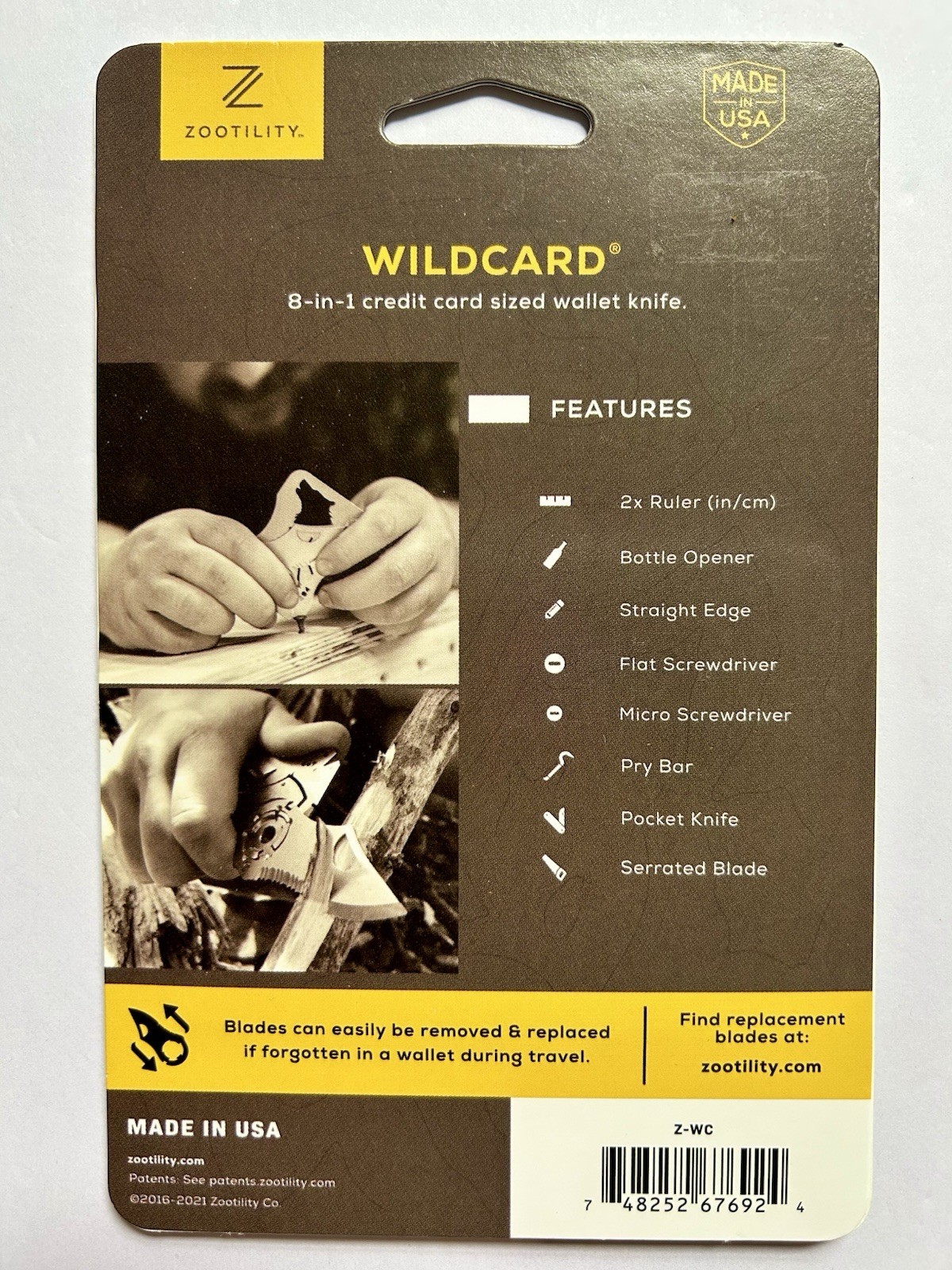 NEW! Zootility WILDCARD WALLET KNIFE 8-in-1 Multi-Tool, Stainless Steel, 2x3”