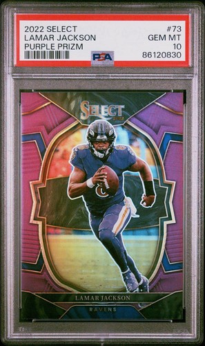 2022 Panini Select - Concourse Lamar Jackson #73 Purple Prizm /75 PSA 10