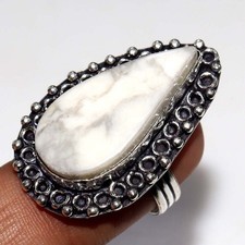 925 Silver Plated Howlite Ethnic Ring Handmade Gemstone Jewelry Size US 7 MJ