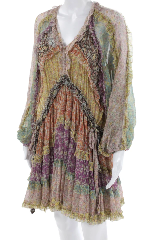 Zimmermann Women Mini Kaftan Dress Silk Floral V-Neck Long Sleeve Size 0 - Image 2 of 4