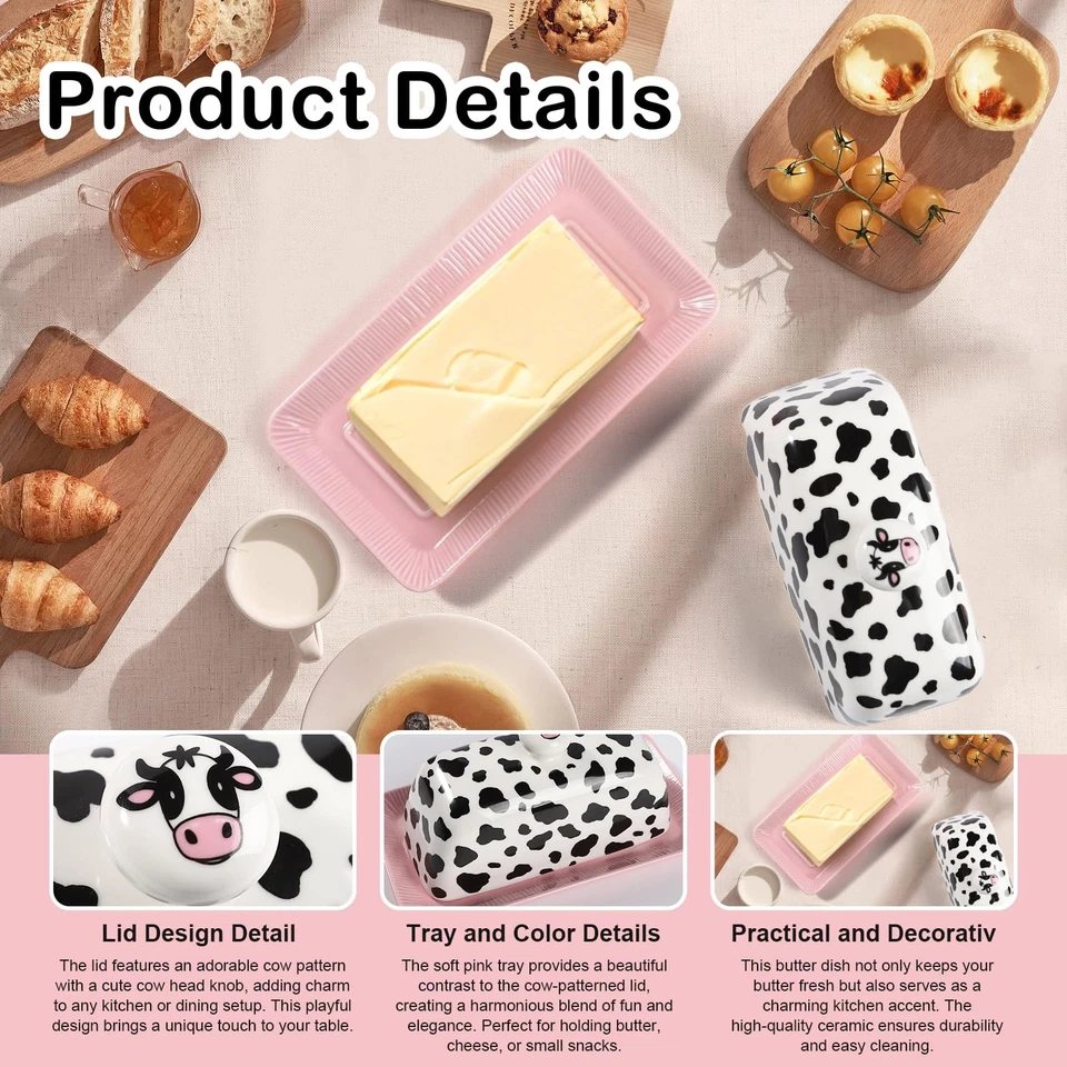 Plato de mantequilla de vaca con tapa para encimera - Linda cubierta de cerámica divertida cocina rosa... Foto 3 de 4