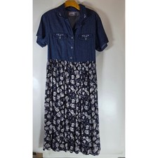 Vintage 90s Premier International Denim Floral Midi Dress Cottagecore Blue Med