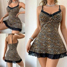 Women's Leopard Nightdress Lace Slip Nightgown Sexy V-neck Sleepwear Lingerie US
