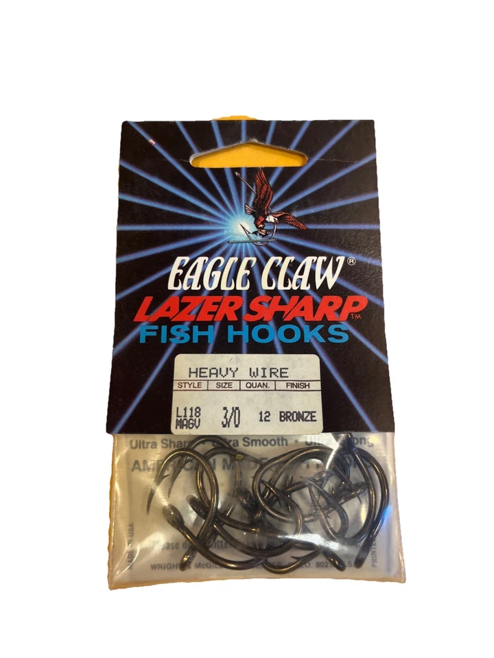3 pacotes de 12 ganchos afiados de arame pesado com garra de águia 3/0 bronze L118 MAGV - Imagem 2 de 3