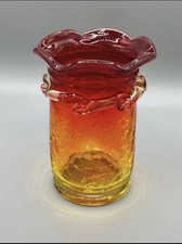 Vintage Amberina Crackle Glass Vase – Red to Amber – Ruffled Rim & Applied Ha
