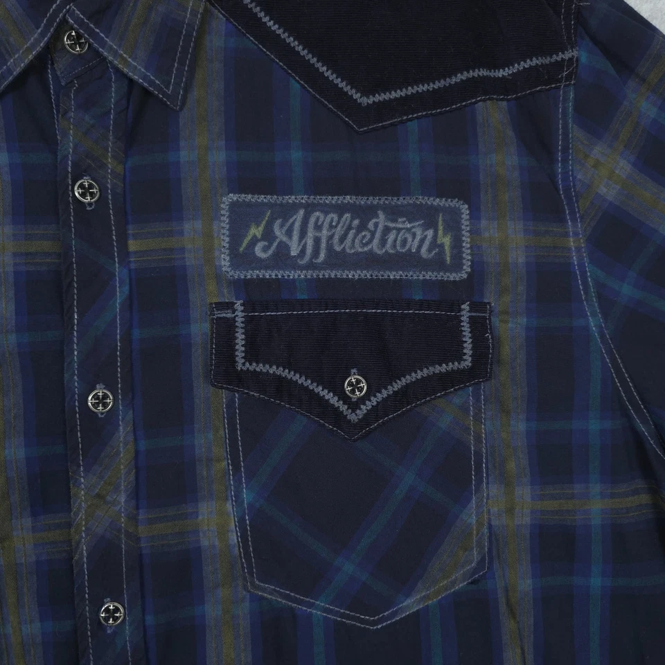 Camisa Affliction Para Hombres 2XL XXL Azul Western Cuadros Bordada Calavera Calce Atlético Foto 4 de 4