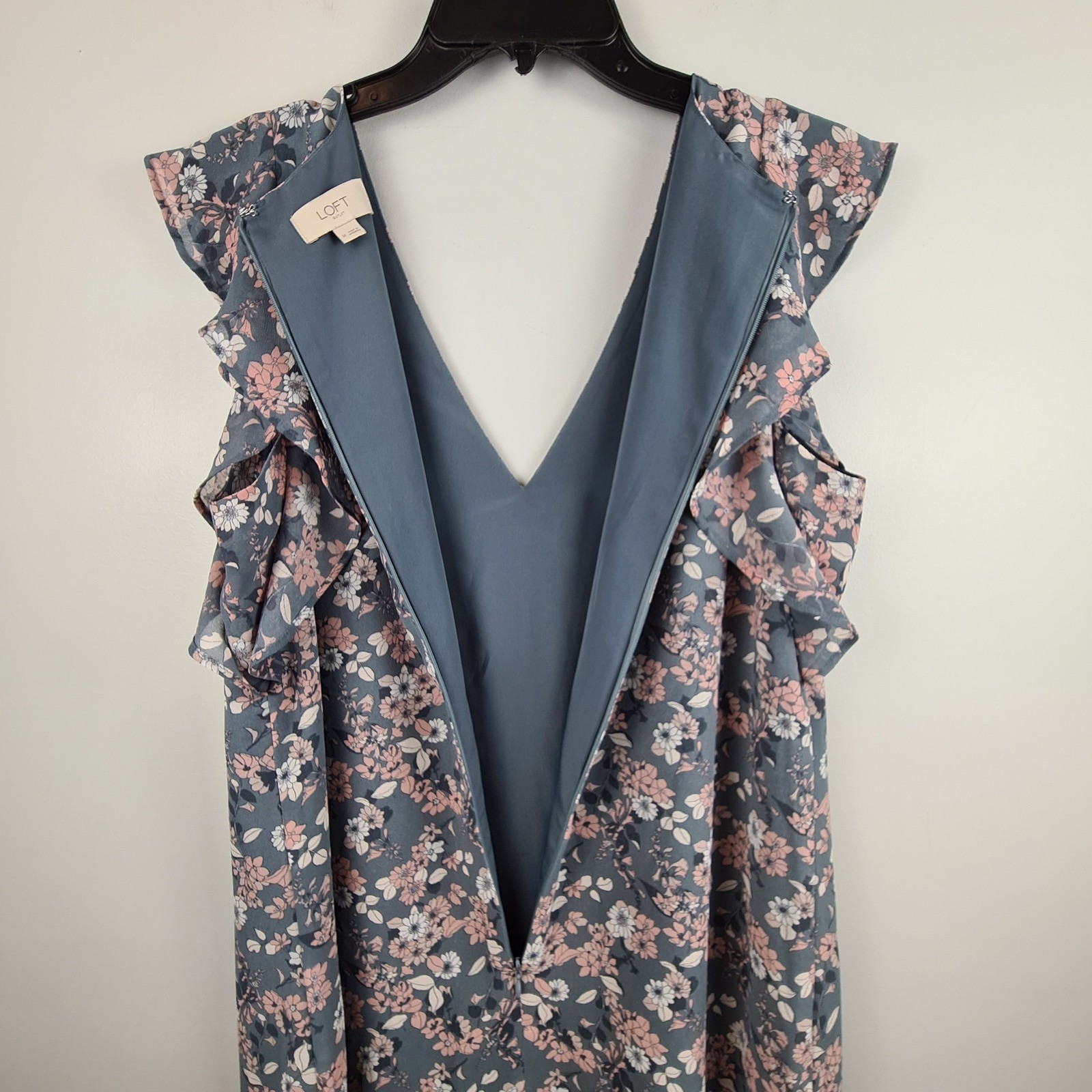 Pink Ruffle Party Dress LOFT Outlet Womens Gray Pink Floral Ruffle Sleeve V-Neck Sheath Dress ...