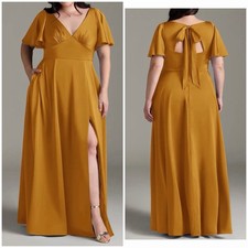 Azazie Kimber Bridesmaid Dress Marigold Custom Size C Flutter Sleeve Maxi