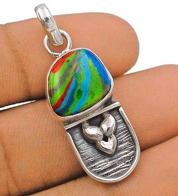 Natural Rainbow Calsilica 925 Solid Sterling Silver Pendant Jewelry