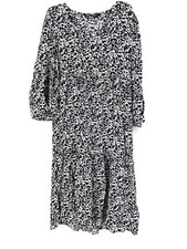 Zara Medium Tiered Midi Dress Black White Floral 3/4 Bell Sleeve