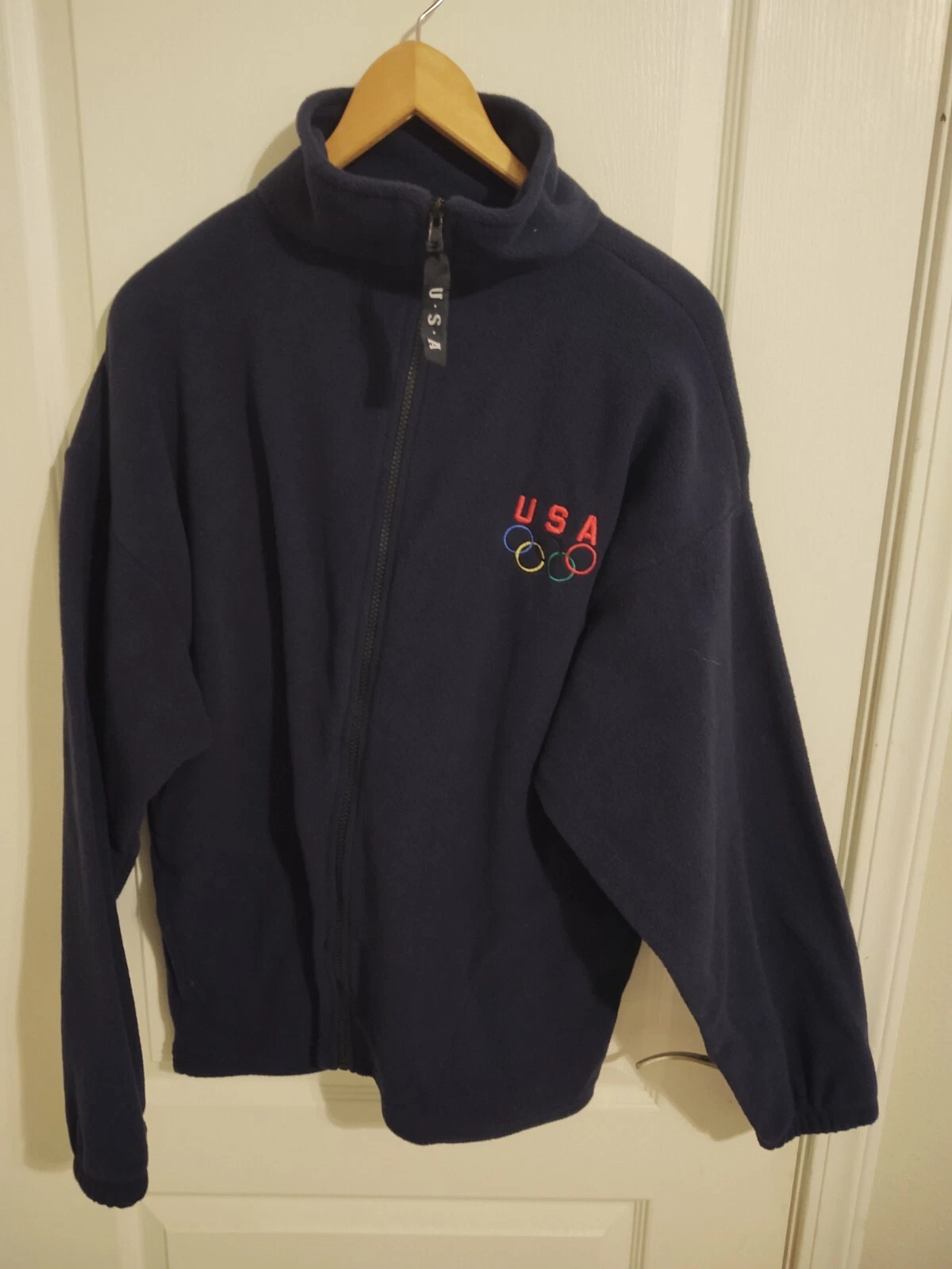 Vintage Team USA Olympic Jacket Navy Fleece Zip Front Stand Collar Size L