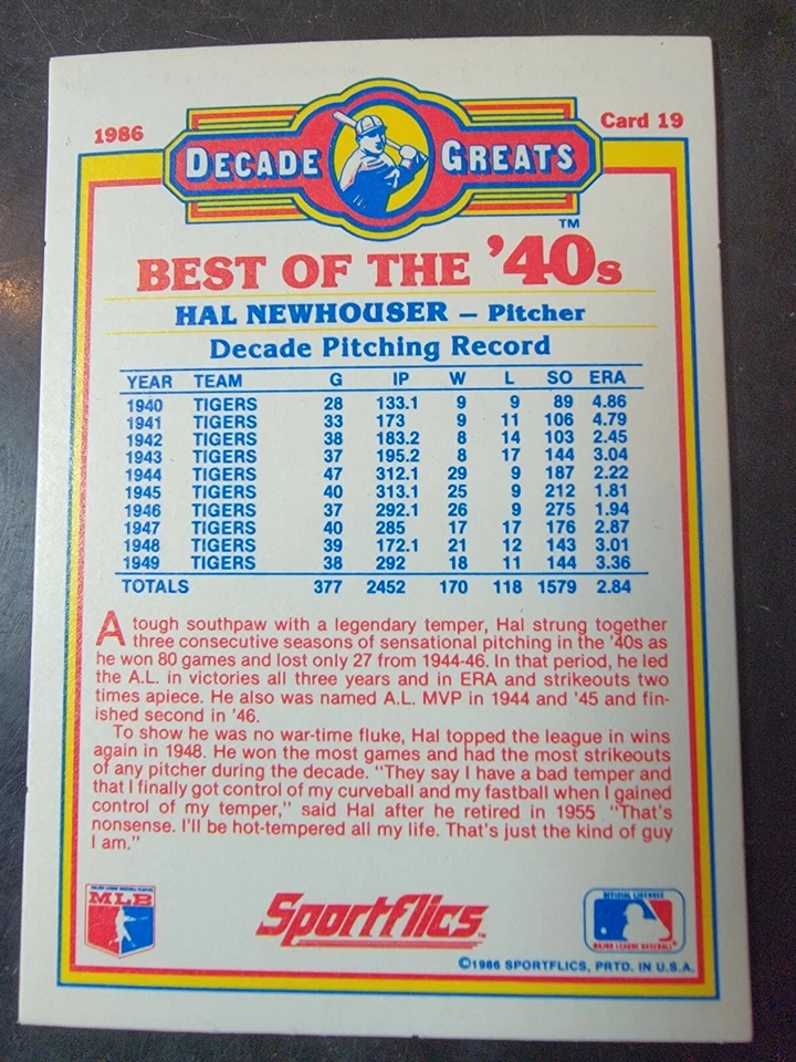 1986 Sportsflics Decade Greats Hal Newhouser Detroit Tigers  - Image 2 of 2