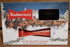 Budweiser Beer 2 Glass Pint Glasses & Bottle Opener Gift Set NEW! Quick Ship!