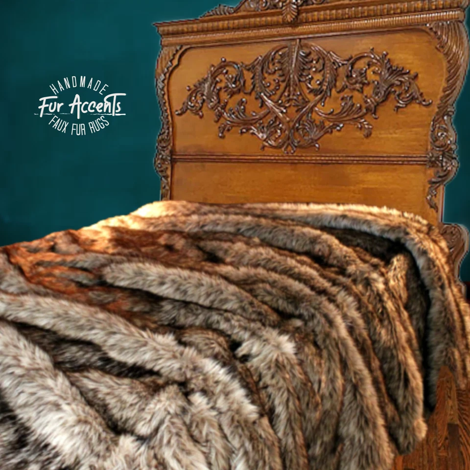 Faux Fur Tan Wolf, Bedspread, Minky Cuddle Fur Lining, Handmade, Fur Accents USA - Image 2 of 4