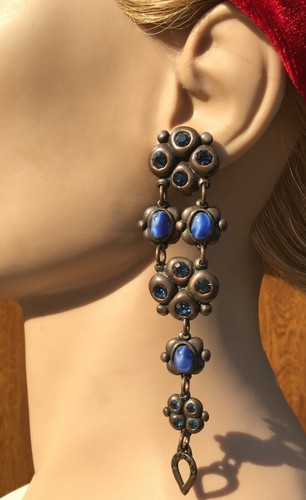 TARATATA - BOUCLES D'OREILLES pendantes - perles bleues - DANGLE EARRINGS SIGNED - Foto 4 di 8