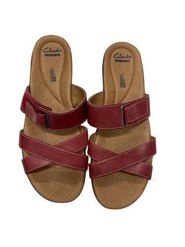 Clarks Collection Soft Cushion Women’s Red Leather Sandals - Size 10 W EUC - Imagen 3 de 10